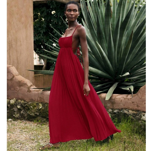 Red Pleated Maxi Babydoll Dress Open Back Flowy Skirt Tie Straps Lined - Picture 2 of 10